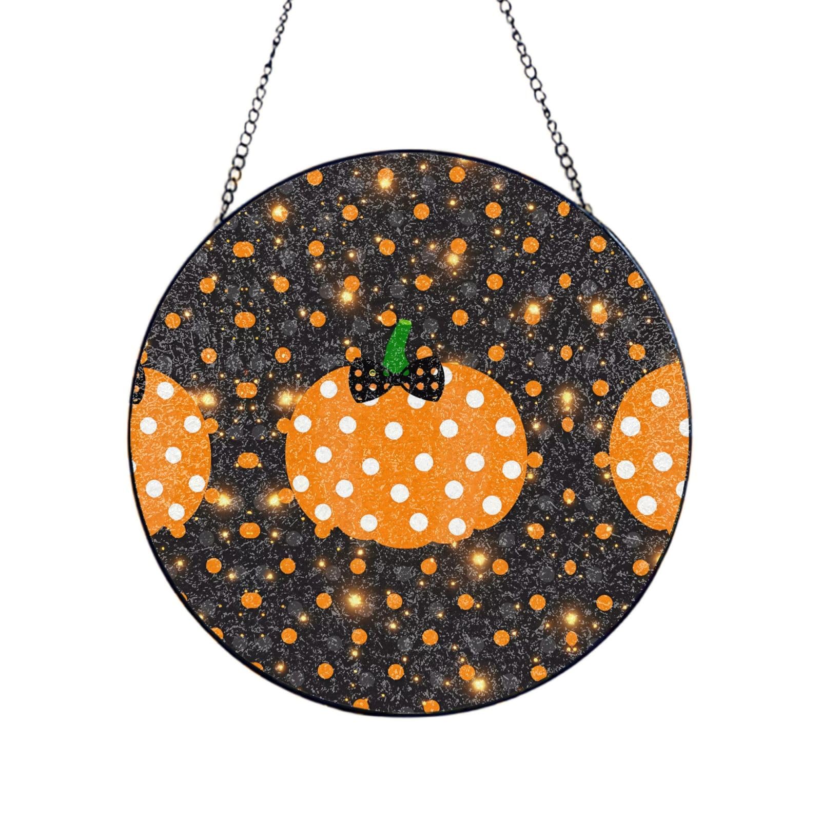 Phayah Halloween Pumpkin Print Glass Window Hanging Round Suncatcher Glass Ornament Garden Wall Fence Decorations Indoor Outdoor 8in（20cm）