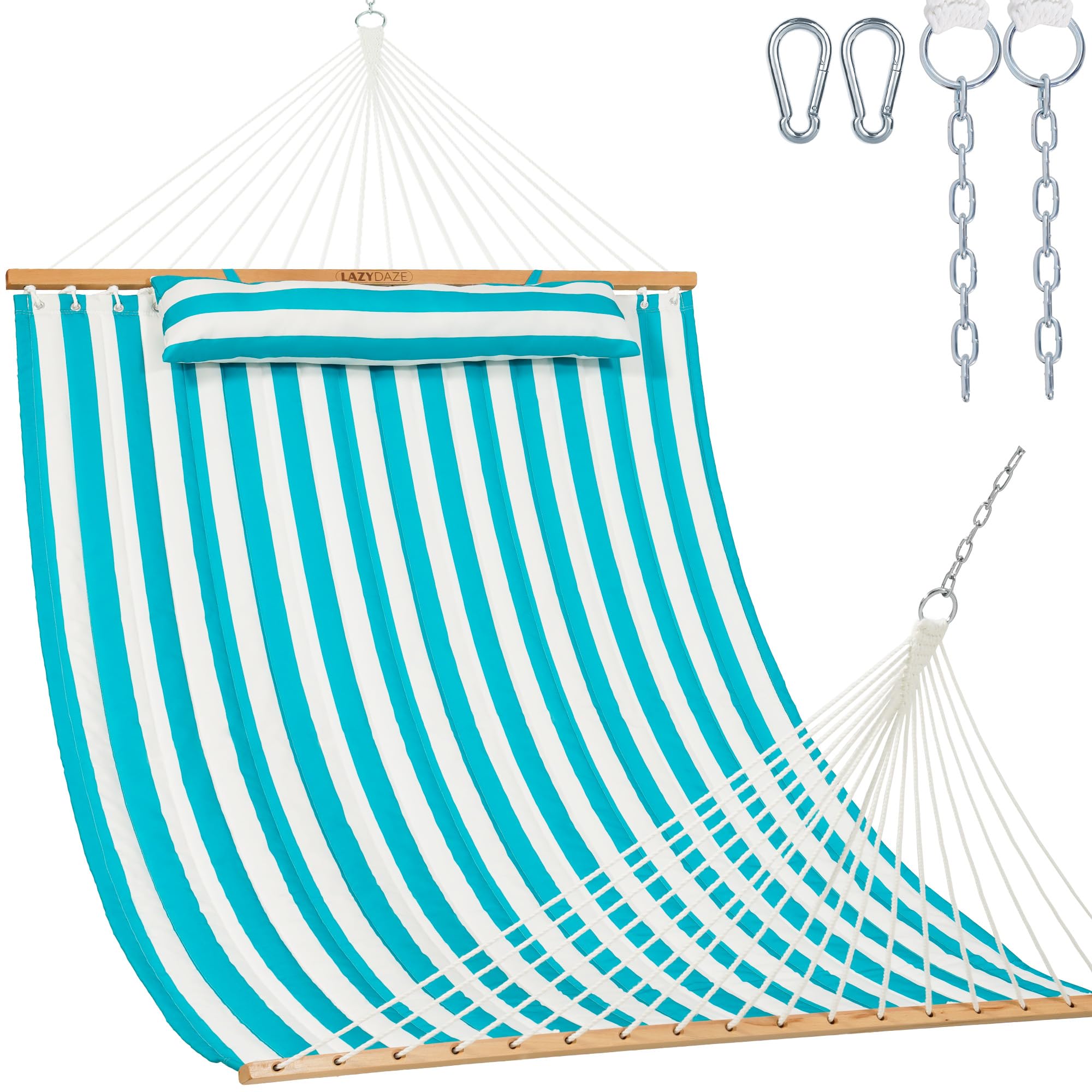 Lazy Daze Double Quilted Hammock with Pillow and Carabiners, Sailor Stripe