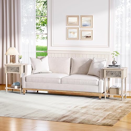 Miniatura 49 de SUNBURY Mesa auxiliar para sala de estar, mesa auxiliar pequeña con 3 cajones, mesita de noche vintage, elegante mesita de noche pequeña para