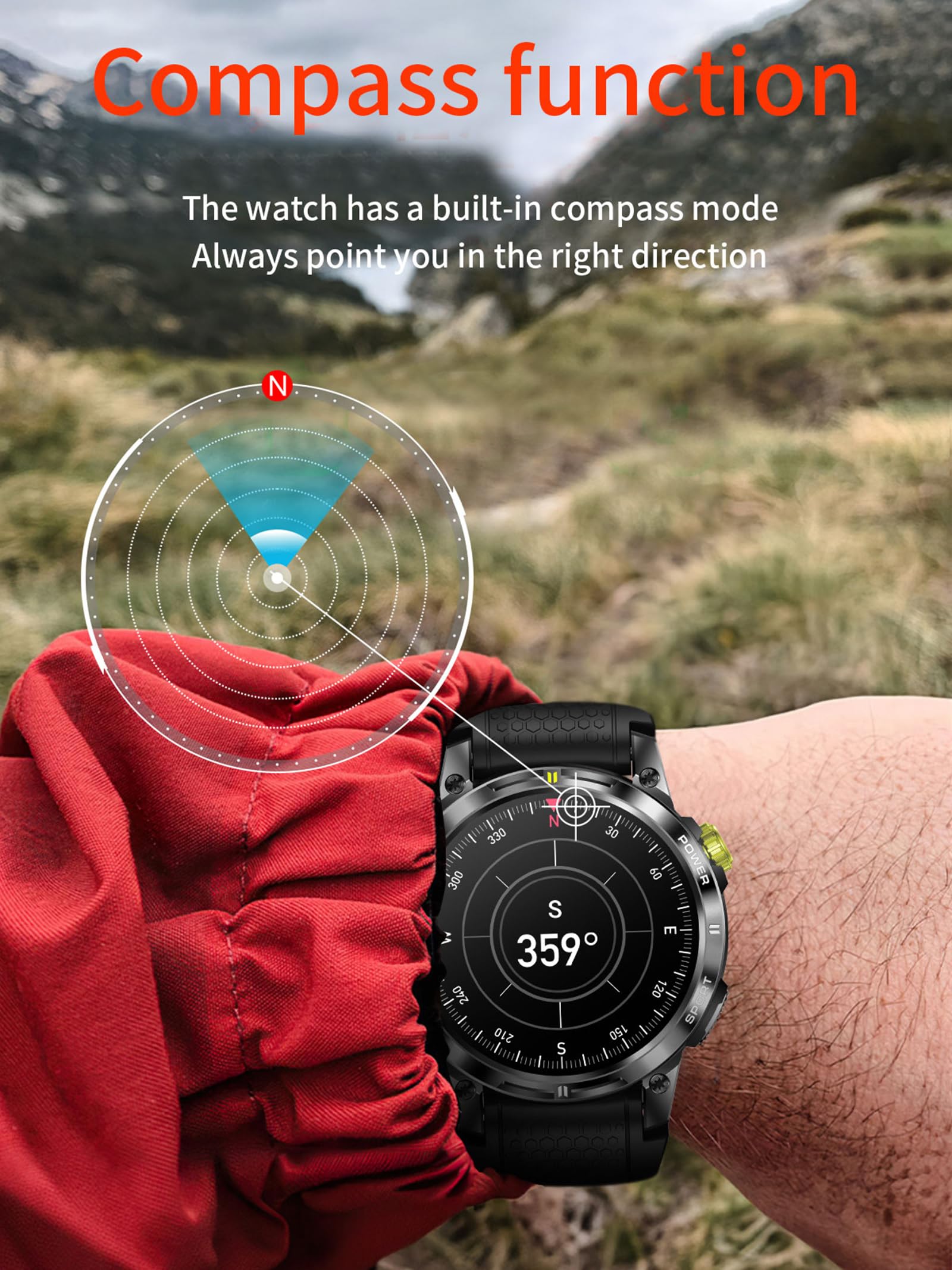 Montre connectée GPS pour homme et femme - Montre intelligente avec fonction téléphone - Podomètre - Montre militaire d'extérieur avec boussole - Montre de sport - Montre de sport - Montre de course