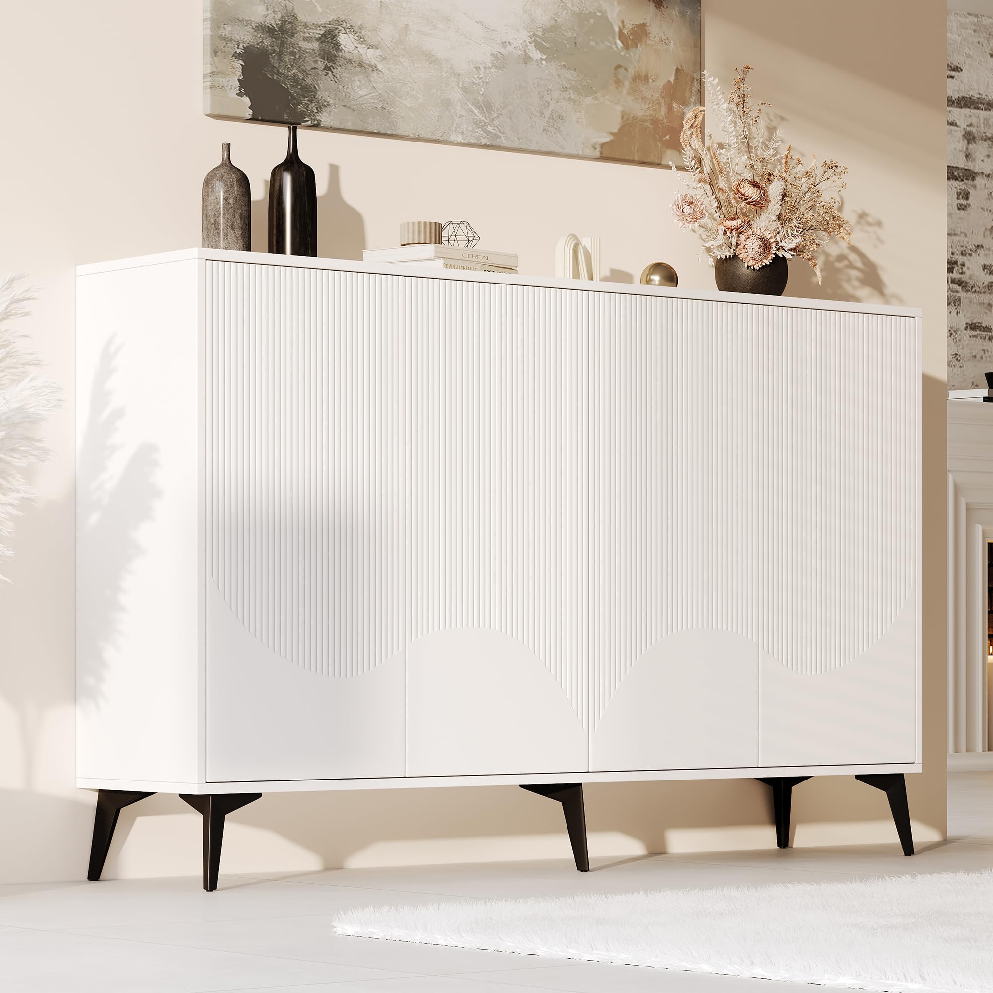 Weiß Sideboard Breite 160 cm, Multifunktionales Sideboard,Kommode, Highboard mit verstellbaren Einlegeböden, 4 Türen, Metallbeine