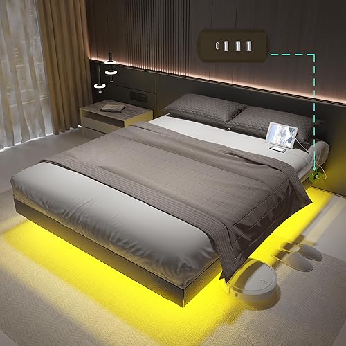 Muluflower Floating Bed Frame King Size with Charging Station & LED Lights, Modern Upholstered Metal Platform King Bed Frame, No Box Spring Needed, Easy Assembly, Black - Black Pu - King