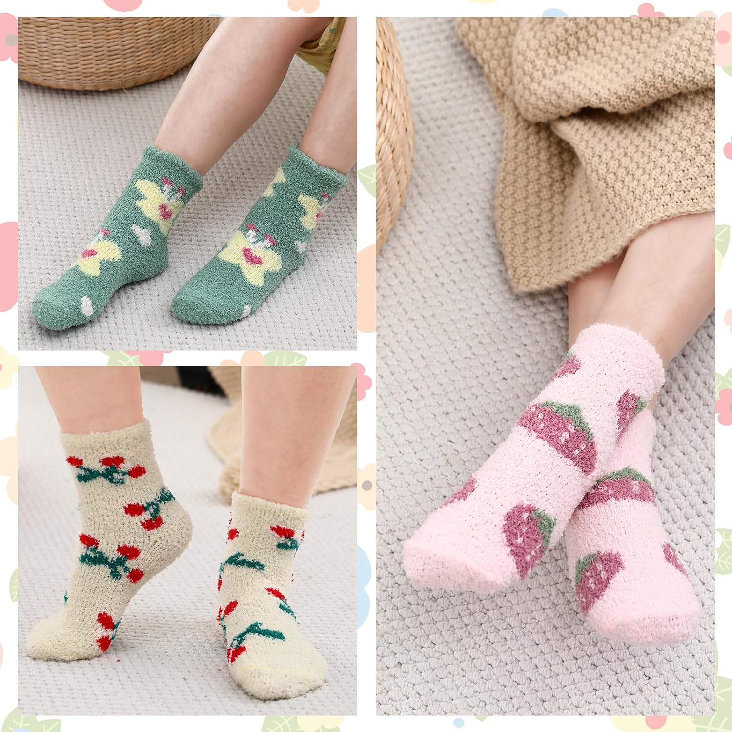 Newcotte 6 Pair Cute Fuzzy Socks Bulk for Women Cottagecore Floral Fluffy Socks Kawaii Warm Thick Soft Slipper Long Sock for Women - Image 5