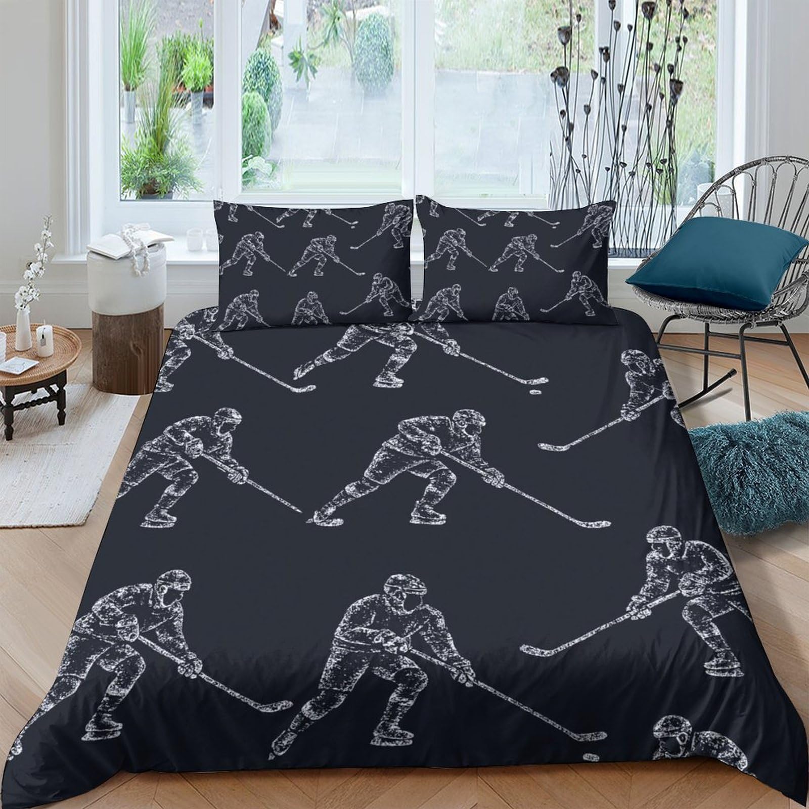 Ctjqhvkz Style-1 3D Printed Hockey Player Fitted Sheet Microfiber Black Sports Bed Cover For Bedroom Guest Room Dorm Mattress Protection Easy Care Single（135X200cm）