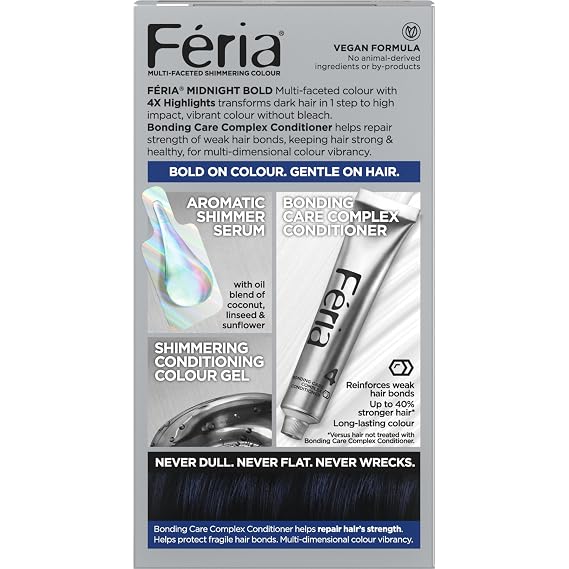 LOreal Paris Feria Midnight Bold Multi-Faceted Permanent Hair Dye, One-Step Hair Color Kit for Dark Hair, No Bleach Required, Cosmic Azure