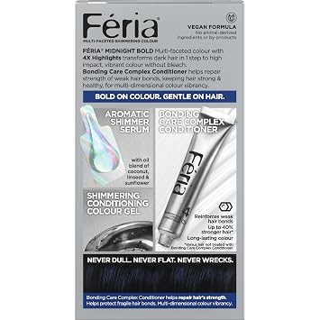 LOreal Paris Feria Midnight Bold Multi-Faceted Permanent Hair Dye, One-Step Hair Color Kit for Dark Hair, No Bleach Required, Cosmic Azure
