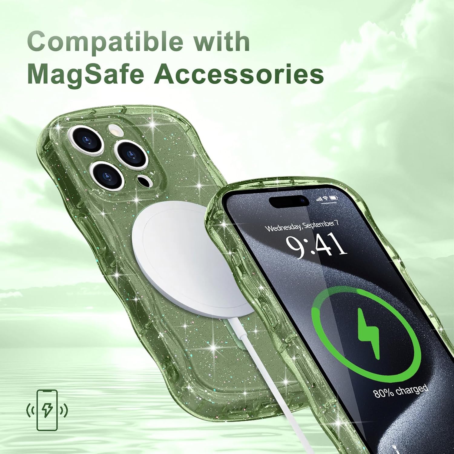 Magnetic for iPhone 15 Pro Case Clear, Sparkly Bling Glitter Cute Curly Wave Transparent Cover for Women Men Compatible with MagSafe Shockproof Protective Phone Case for iPhone 15 Pro, Green - Image 6