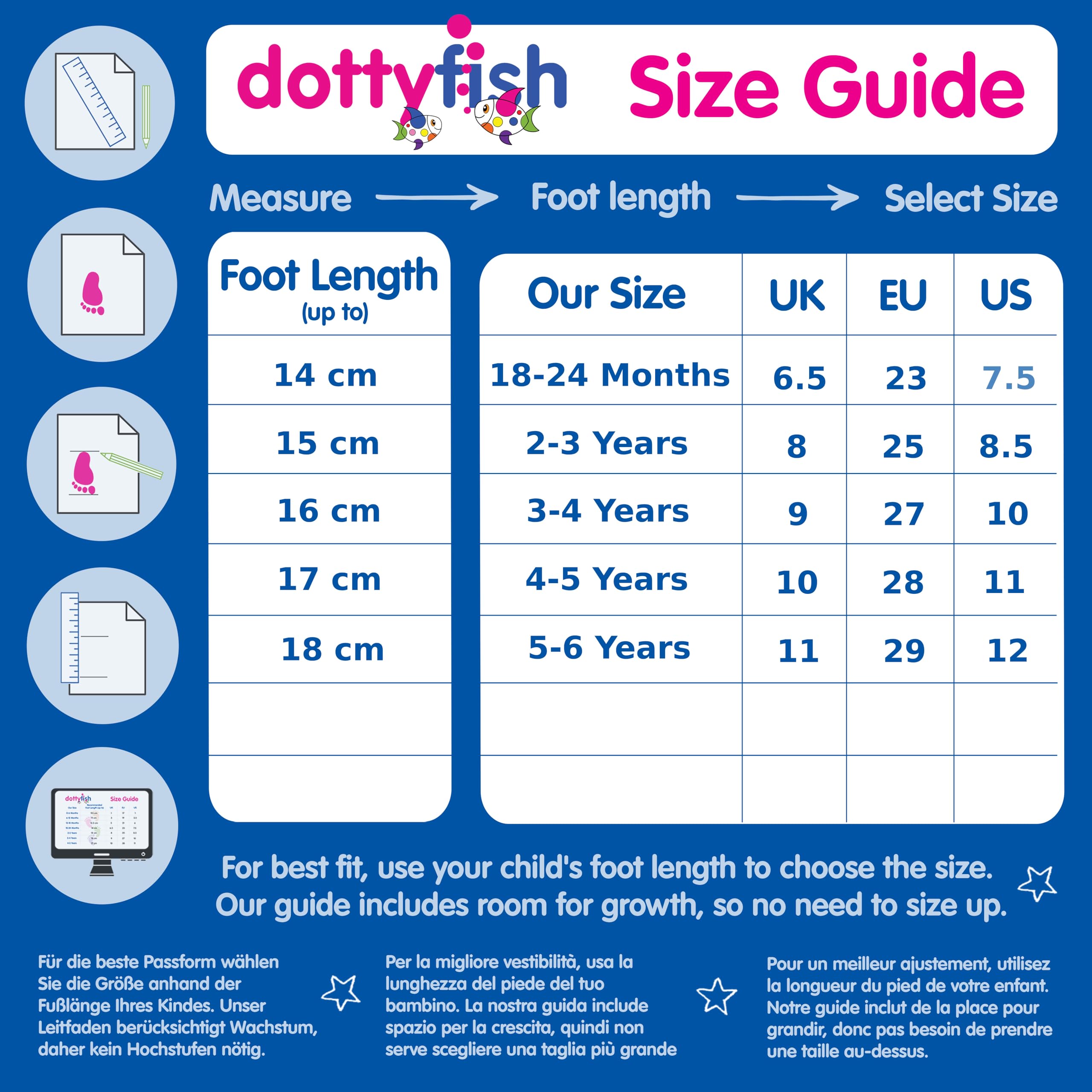 Dotty Fish Scarpine in pelle per neonati e bambini con suola in gomma. Scarpine leggere, flessibili e antiscivolo per i primi passi, marchio britannico. Bambini e bambine, taglie 18-24 mesi - 5-6 anni