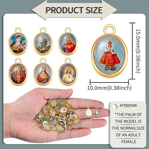 Vista 2 de 100 dijes de aleación de oro con diseño de Jesús esmaltado con medalla milagrosa de Nuestra Señora, Rosario floral, centro de crucifijo de Virgen