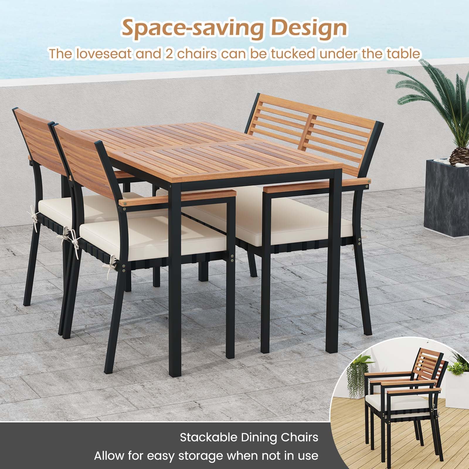 KOMFOTTEU 4-teiliges Gartenmöbel Set aus Akazienholz & Metall, Sitzgruppe für 4 Personen, Balkonmöbel mit Tisch, Bank & 2 Stühlen, Essgruppe mit Sitzkissen und Sonnenschirmloch, für Garten & Balkon