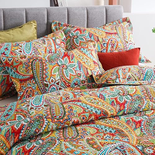 Vista 40 de Autumn Dream Juego de colcha de algodón, 3 piezas, reversible, estampado de cachemira de damasco clásico, tamaño Queen