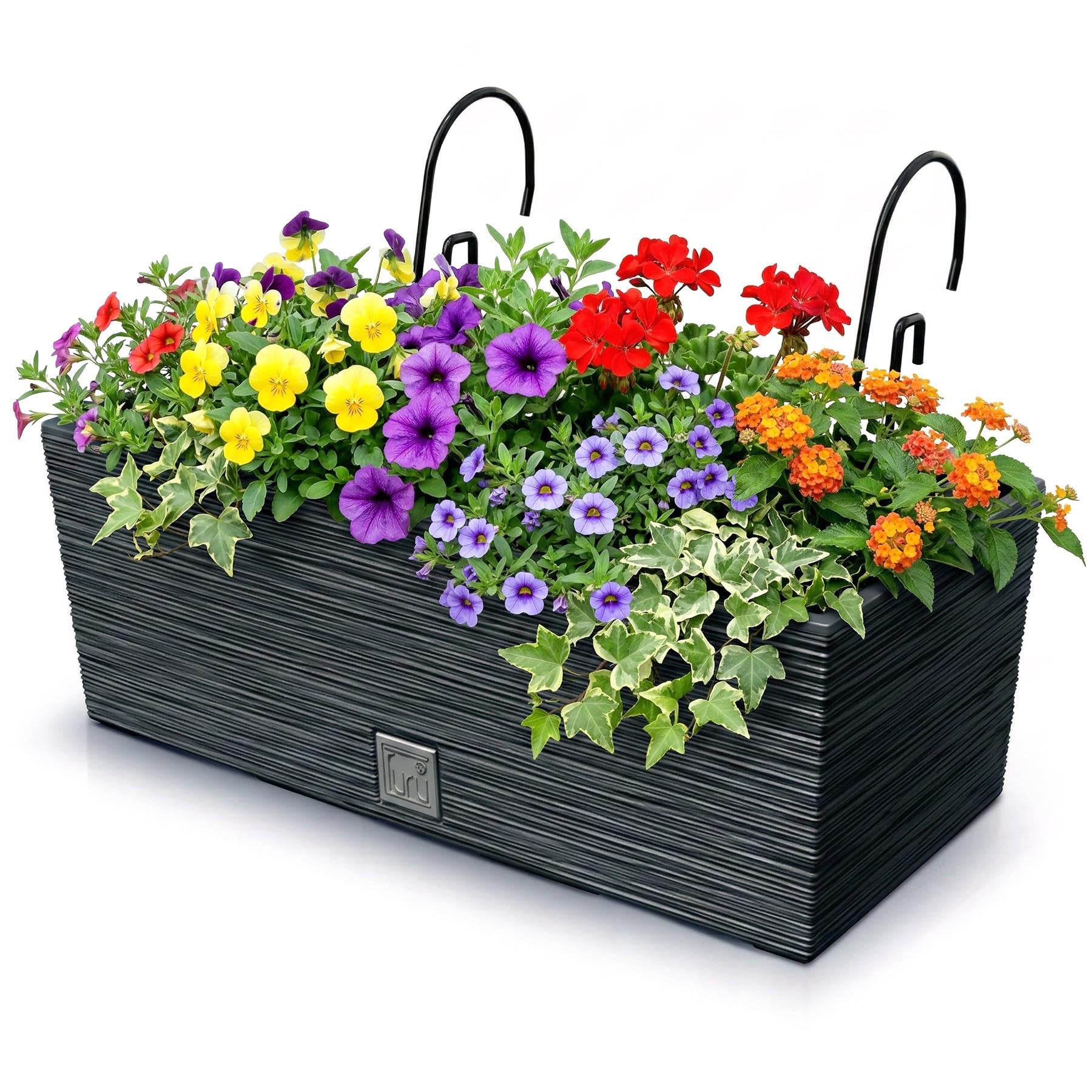 Geezy Black Ribbed Balcony Planter For Railing, 39.5 Cm - Weatherproof Hanging Plant Pot With Insert - Outdoor Plant Pots & Over Fence Planters