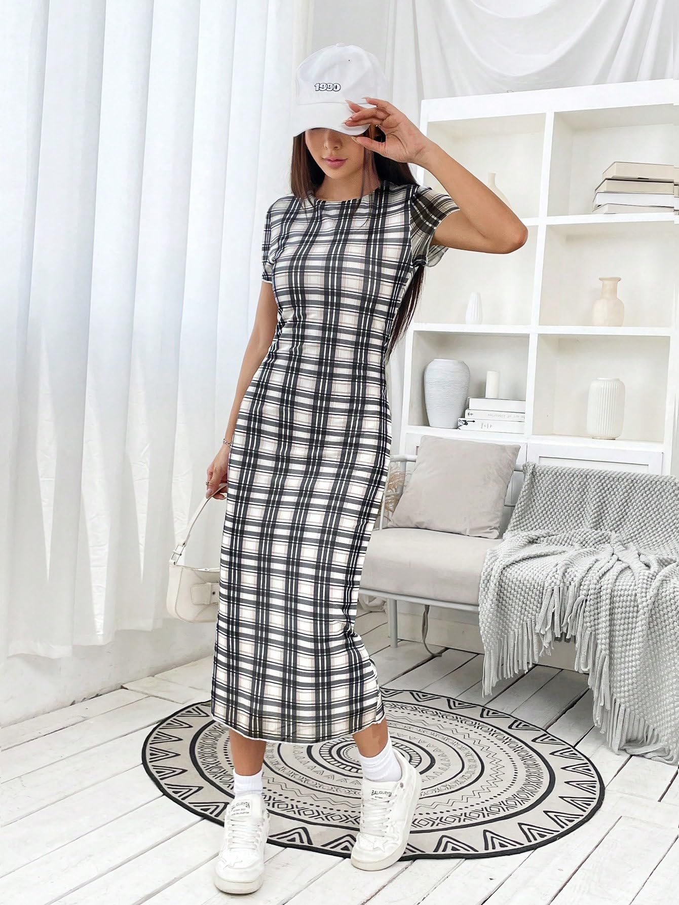 plaid print bodycon dress Plaid Print Square Neck Bodycon Dress