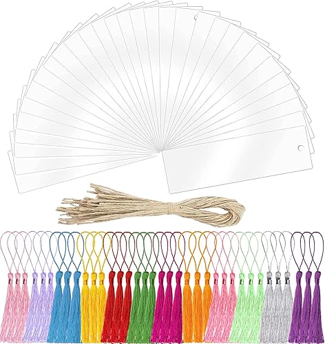 Miniatura 16 de BetterJonny Juego de 30 marcapáginas de acrílico transparente con 36 borlas – Marcadores de libros rectangulares sin terminar para proyectos