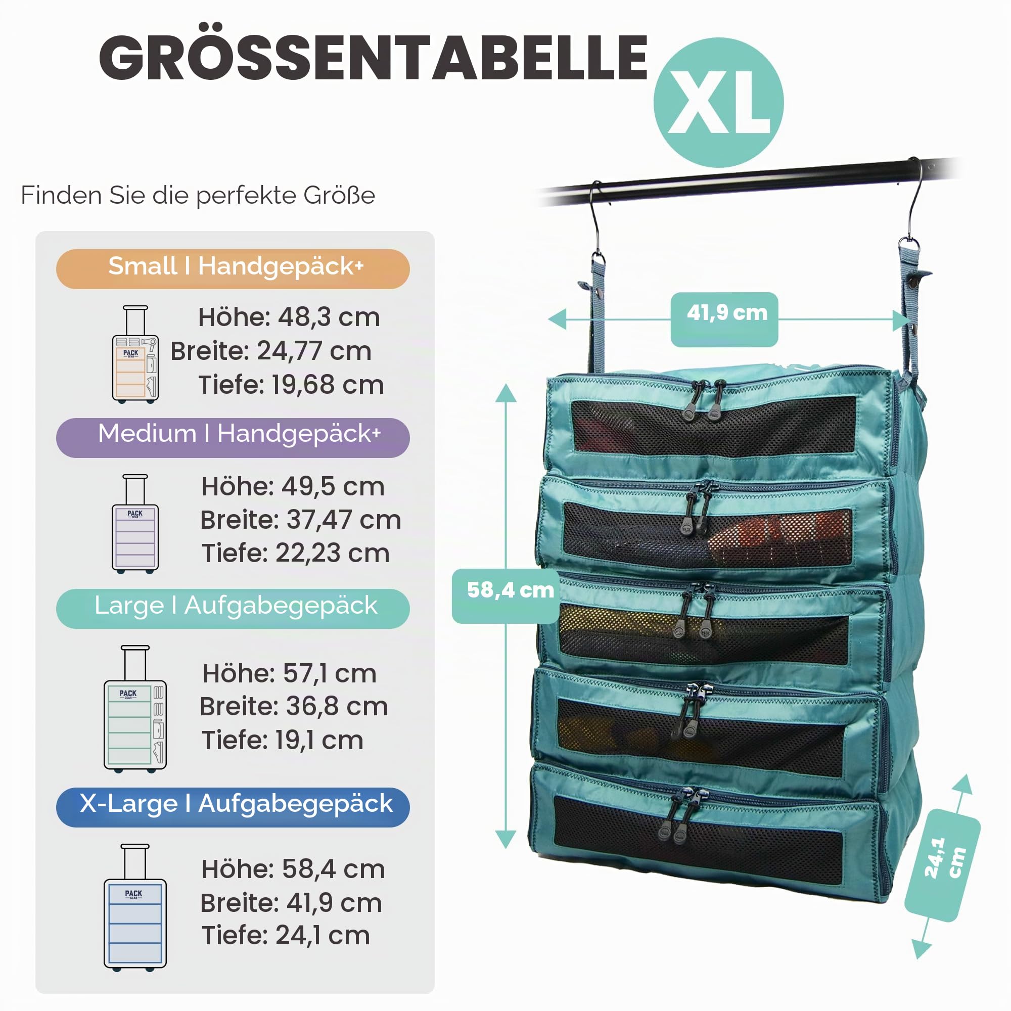 Pack Gear Koffer-Organizer zum Aufhängen, Reiseutensilien, Faltbare Packwürfel, groß oder Handgepäck, Regal-Organizer für Schrank (grün) (XL)
