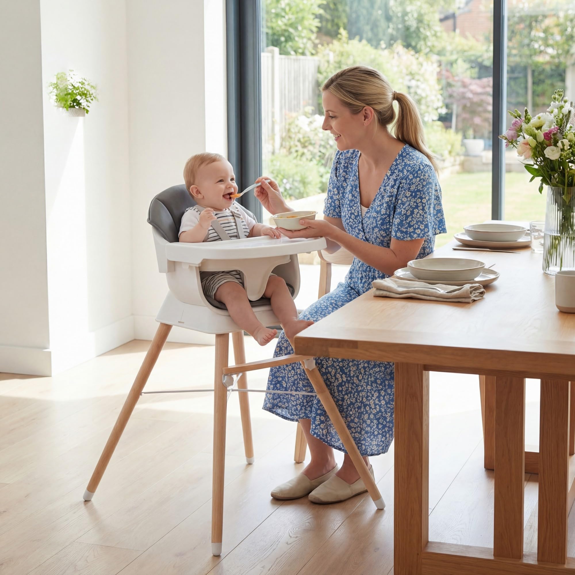 LIFEZEAL Trona para Bebés y Niños Pequeños, Trona Infantil Multifuncional de Madera Maciza, con Reposapiés y Bandeja Ajustables, Equipada con Cinturón de Seguridad, Apta para Bebés de 6 a 36 Meses