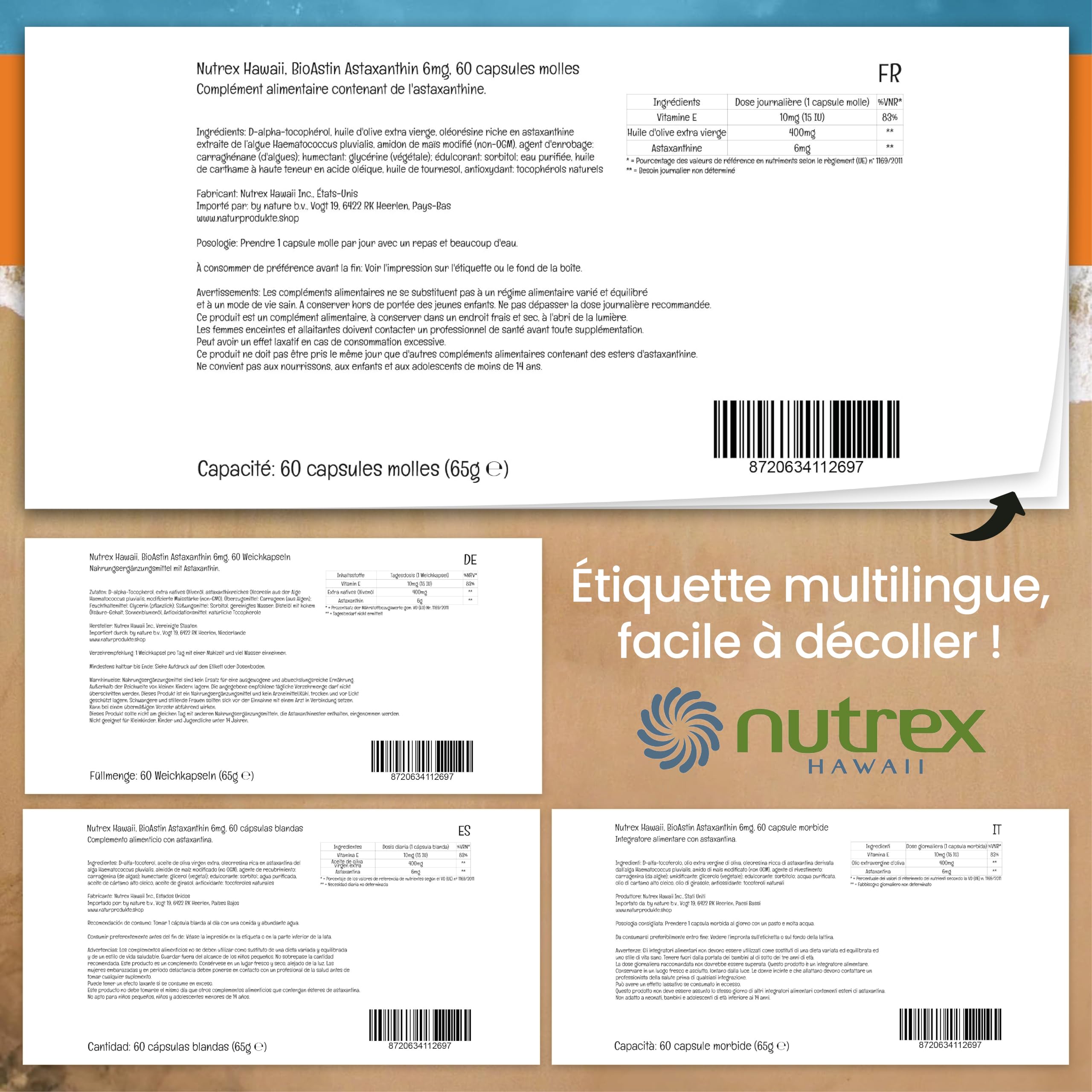 Nutrex Hawaii, BioAstin Hawaiian Astaxanthin, 6mg, 60 Capsules molles végétaliennes, Sans Gluten, Sans Soja, Végétarien