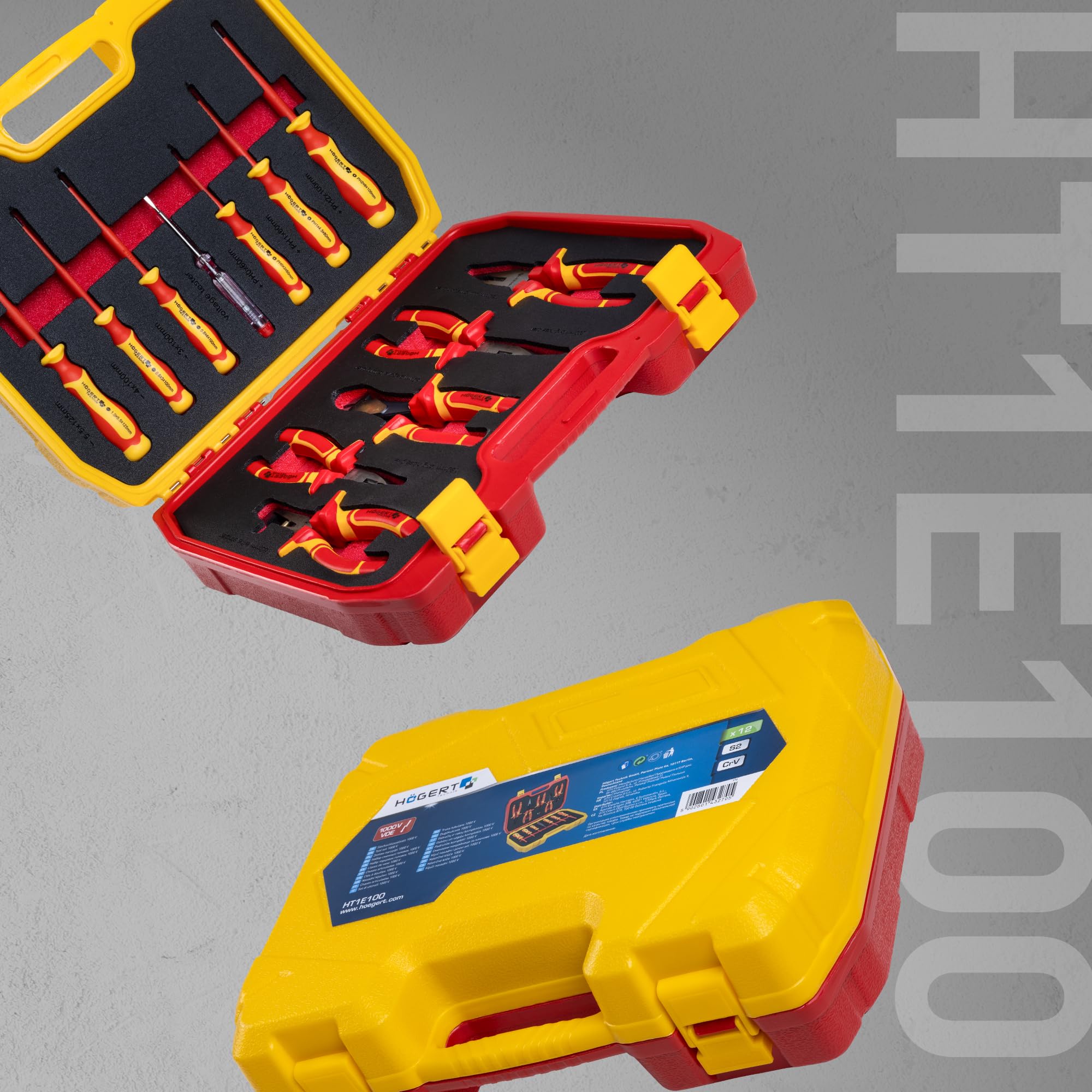 HÖGERT TECHNIK Lot de 12 outils électriciens isolés 1000 V tournevis manuel, tournevis plat et cruciforme, pinces, test de tension, coffret en plastique