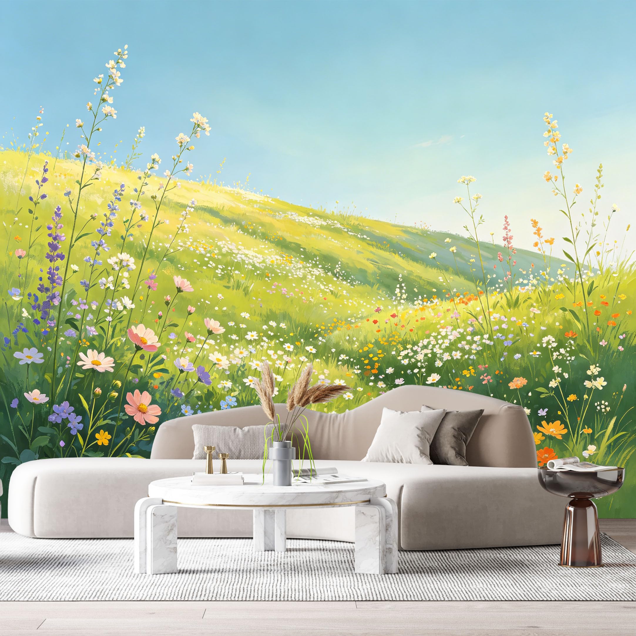 Custom Size Wall Murals Blooming Meadow Landscape Watercolor Wildflowers Sunny Hill SelfAdhesive Wall Fabric Removable Large Wallpaper for Photo Living Room