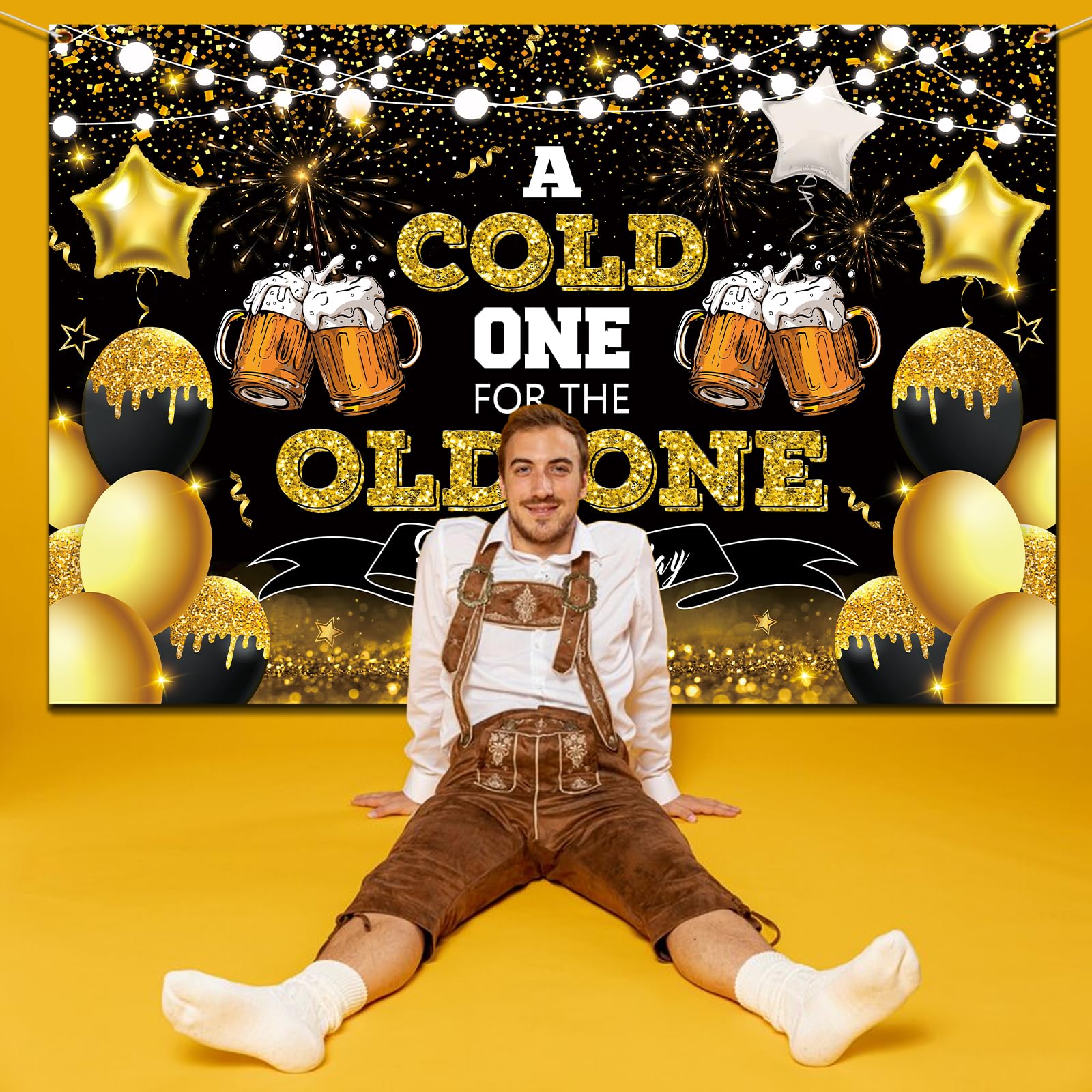 Happy Birthday Hintergrund 2,1x1,5 M – „A Cold One For The Old One“ Schwarz-Gold Für Männergeburtstag