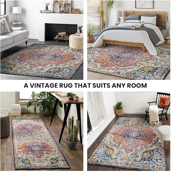 Livabliss Julia Rabat Vintage Rug – 120x170 cm, Fuchsia, Orange & Blue