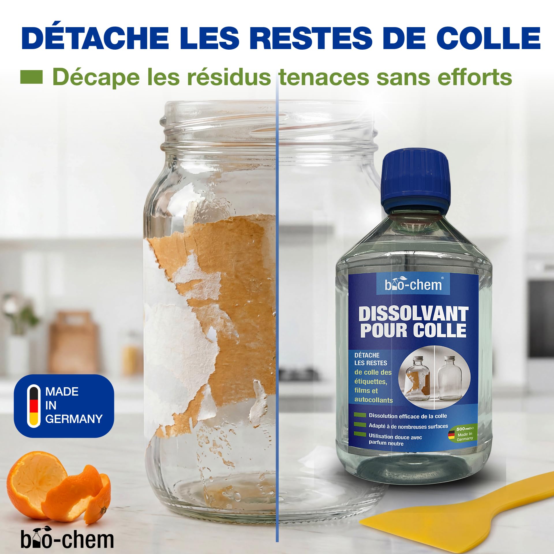 bio-chem - Dissolvant colle et adhesif 500ml - Alternative à l'acetone - Produit enlever colle autocollant - Décape résidus étiquettes, glue extra forte, uhu, loisir creatif - Grattoir inclus
