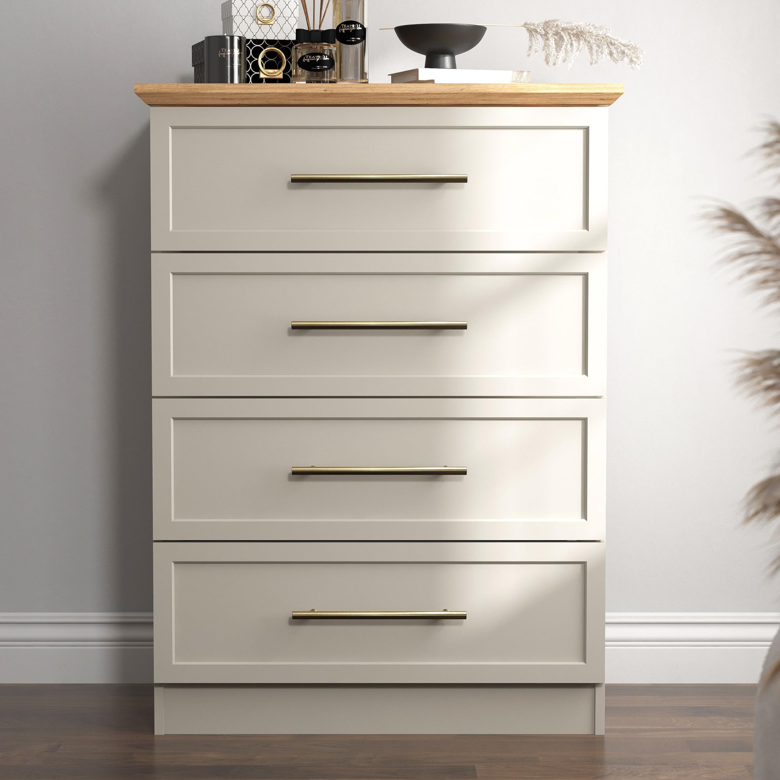 Galano Cleverton 4 Drawer Chest of Drawers – Modern Wooden Bedroom Storage Unit, Tallboy Cabinet for Hallway or Living Room, Light Grey & Oak