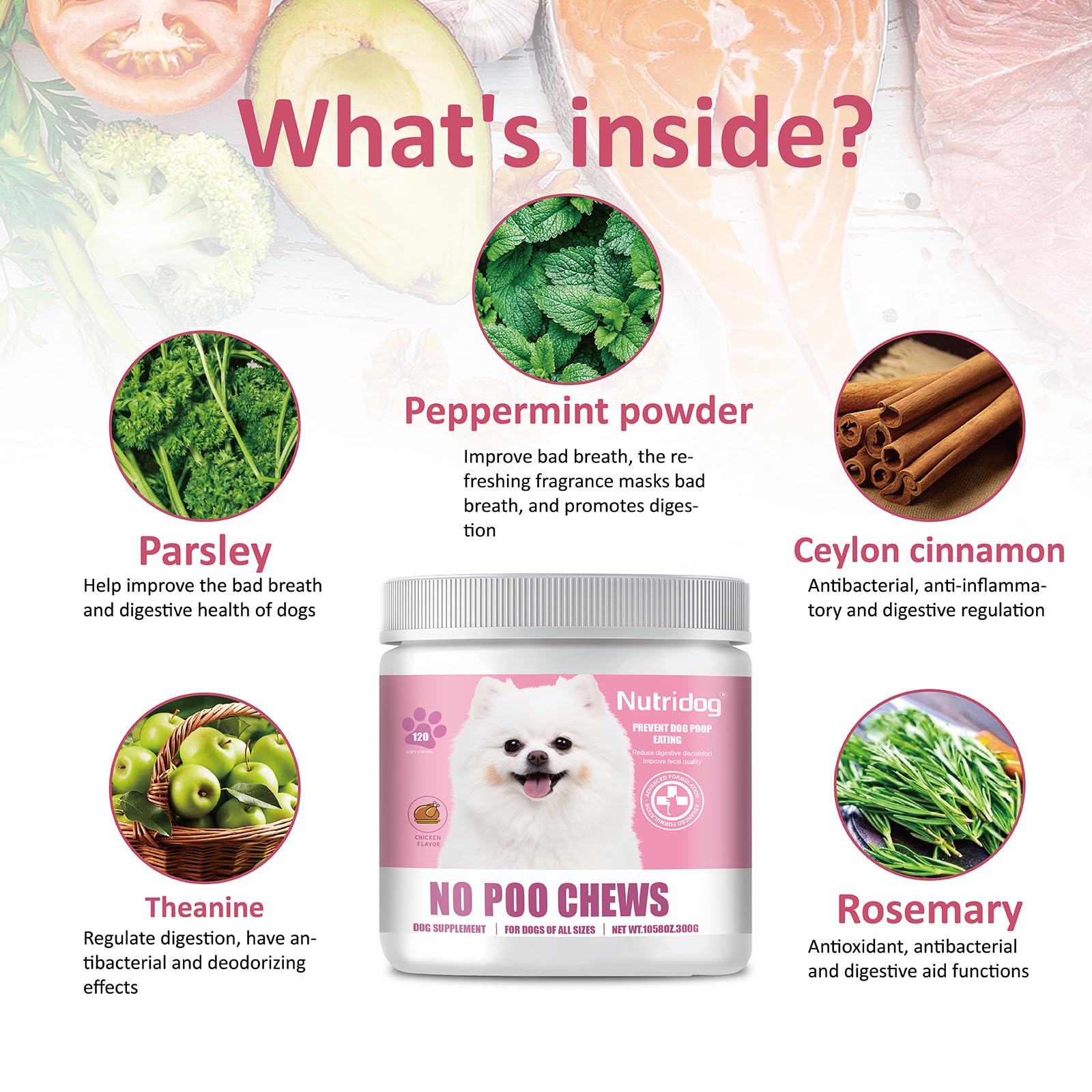 Masticables sin caca para perros, 120 unidades, sabor a pollo, disuasorio para la coprofagia y las heces con probióticos, enzimas digestivas y ayuda para la respiración, deja de comer caca