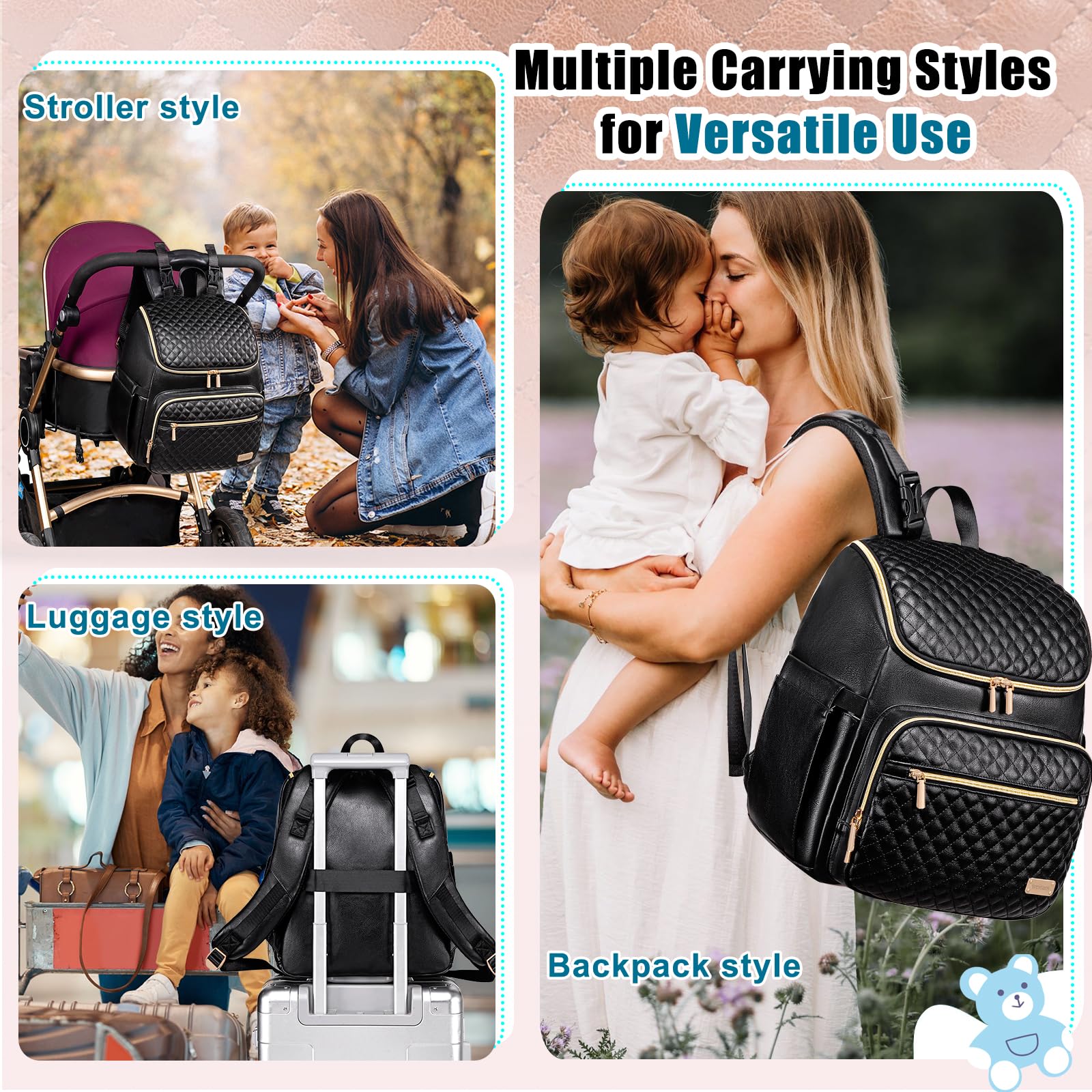 Weitars Mochila para pañales para bebé con cambiador, mochila para pañales de viaje, bolsa de bebé para mamá, 5 bolsillos aislados
