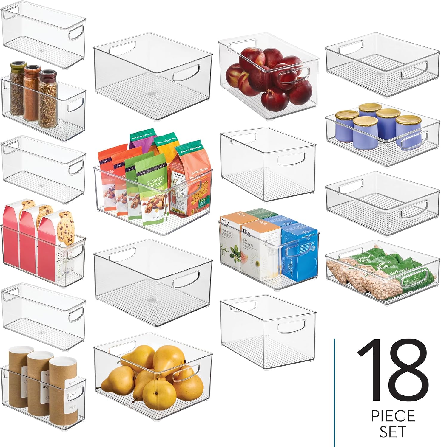 iDesign Stackable Plastic Handle Bin Storage Organizers, 18 Pack, Clear | For Kitchen, Fridge, Pantry, Home, Assortment Set