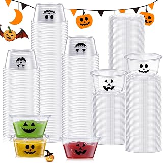 150 Pcs 2 Oz Halloween Jelly Shot Cups with Lids Disposable Mini Sauce Cups 2 Oz Plastic Containers with Lids Cute Emoji Shot Cup for Holidays Party Supplies