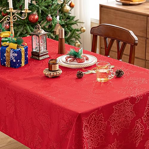 Miniatura 5 de joycloth Mantel de Navidad rectangular de 60 x 84 pulgadas, diseño de hojas jacquard, mantel de tela de poliéster lavable a prueba de derrames, para