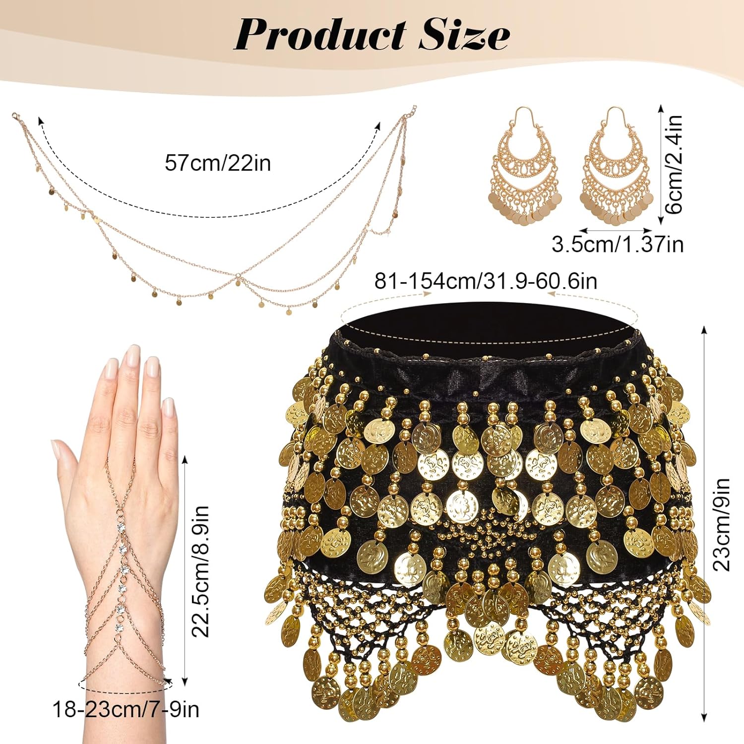 4 Pcs Women Gypsy Costume Accessories Belly Dance Hip Scarf Drop Earrings Hair Chain Tassel Bracelet for Halloween - Image 2