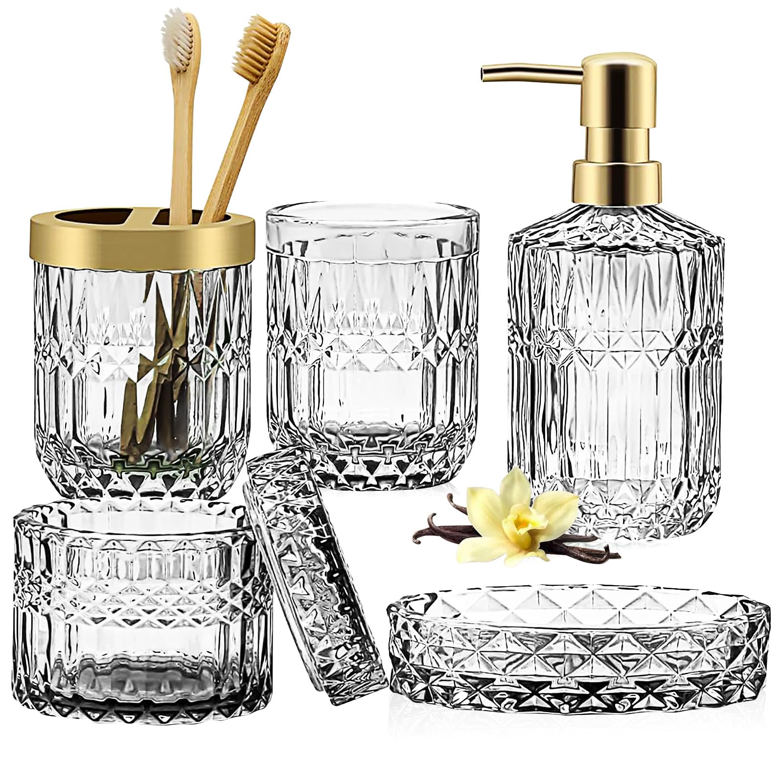 Lot de 5 accessoires de salle de bain en verre - Distributeur de lotion, porte-savon, porte-brosse à dents, gobelet, cotons-tiges - Pour salle de bain moderne - Cadeau vintage