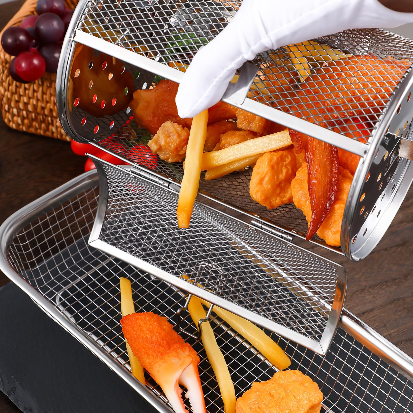 Cabilock Stainless Steel Rotisserie Grill Basket Round Tumble Barbeque Grill Oven Cages Roaster Basket for Air Fryer BBQ Rotary Tool Rotisserie Basket Grill Accessory
