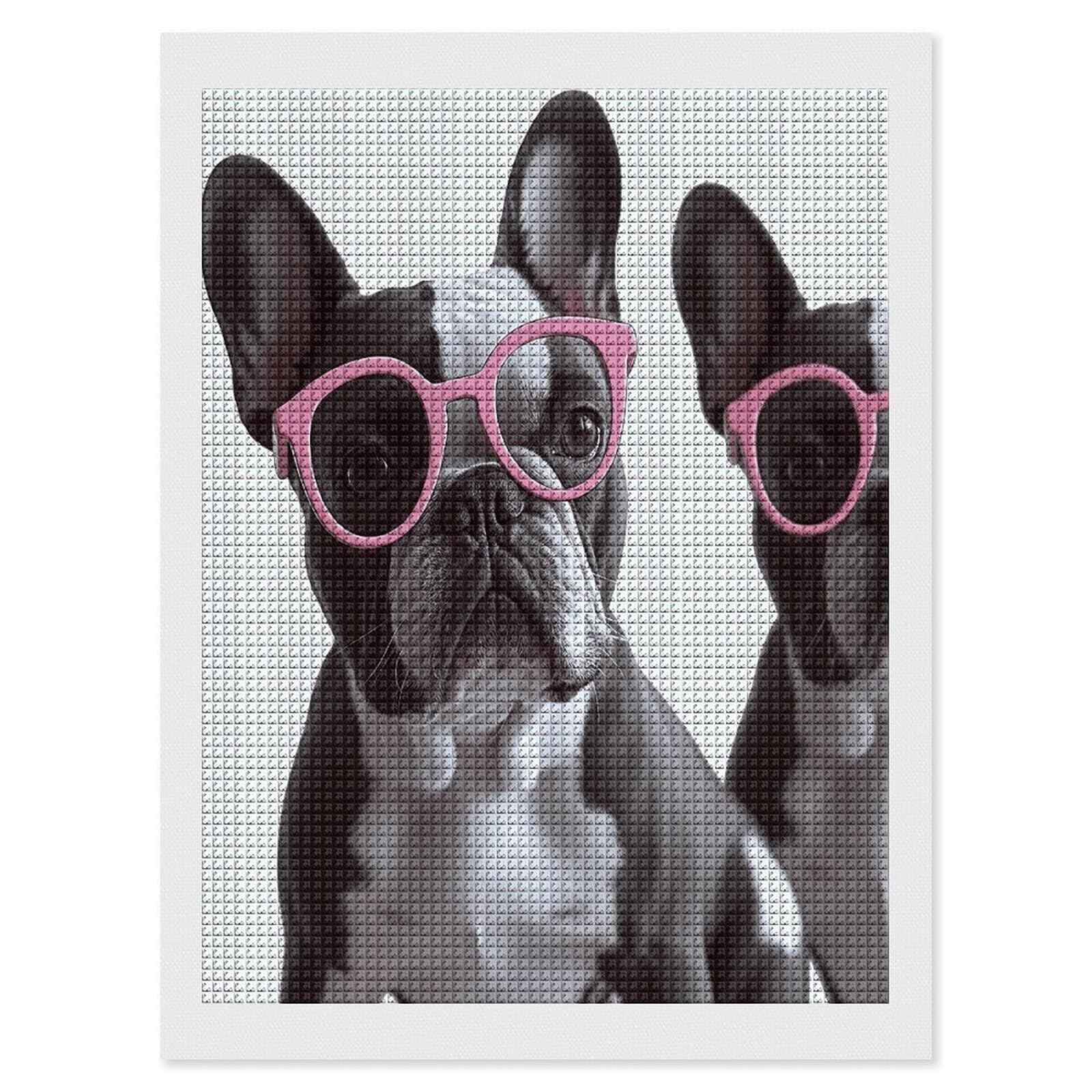 FodPand French Bulldog Pink Glasses Diamond Painting Kit for Beginner Fun 5D DIY Crafts for Adults Diamond Art Kits Square Diamond Art Canvas Painting Gem Art Crafts for Home Wall Decor 12"x16"