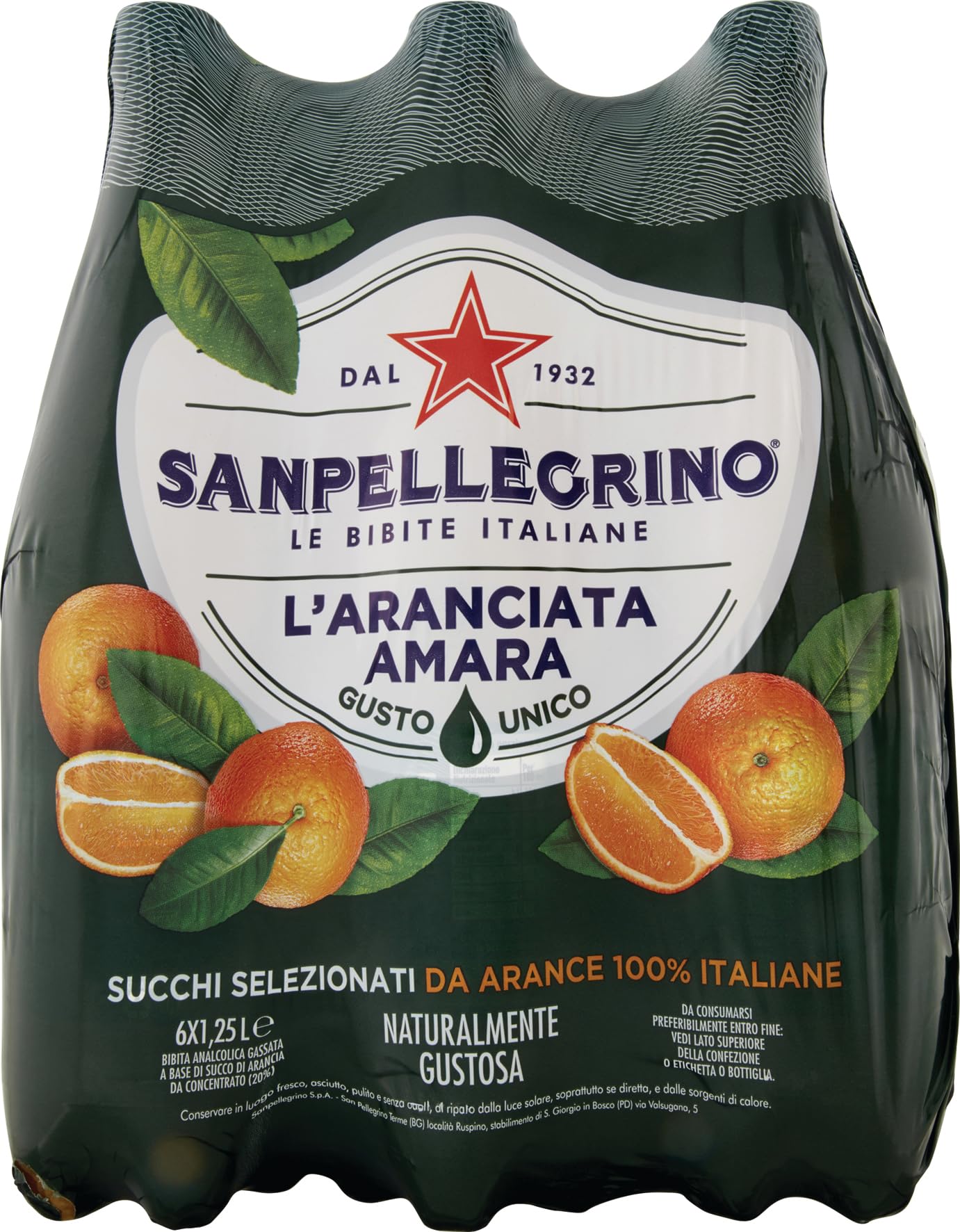 San Pellegrino - Bebida italiana amarga de naranja de Sevilla, 1,25 l, contiene un 20% de naranja real, sin gluten
