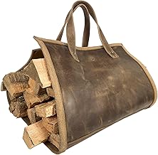 Rustic Firewood Carrier with Handles, Foldable Log Bag, Fireplace Wood Stove Accessories, Full Grain Leather, Handmade, Bourbon Brown