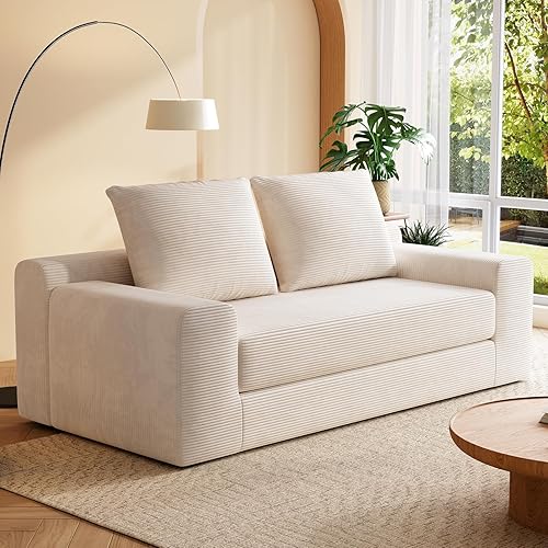 Chogori Loveseat Sleeper Sofa Bed, Modern Corduroy Boneless Convertible Couch with Pull-Out Seat Cushion, Two Seater Couch for Living Room, Bedroom, Apartment, Home Office, No Assembly (Beige)