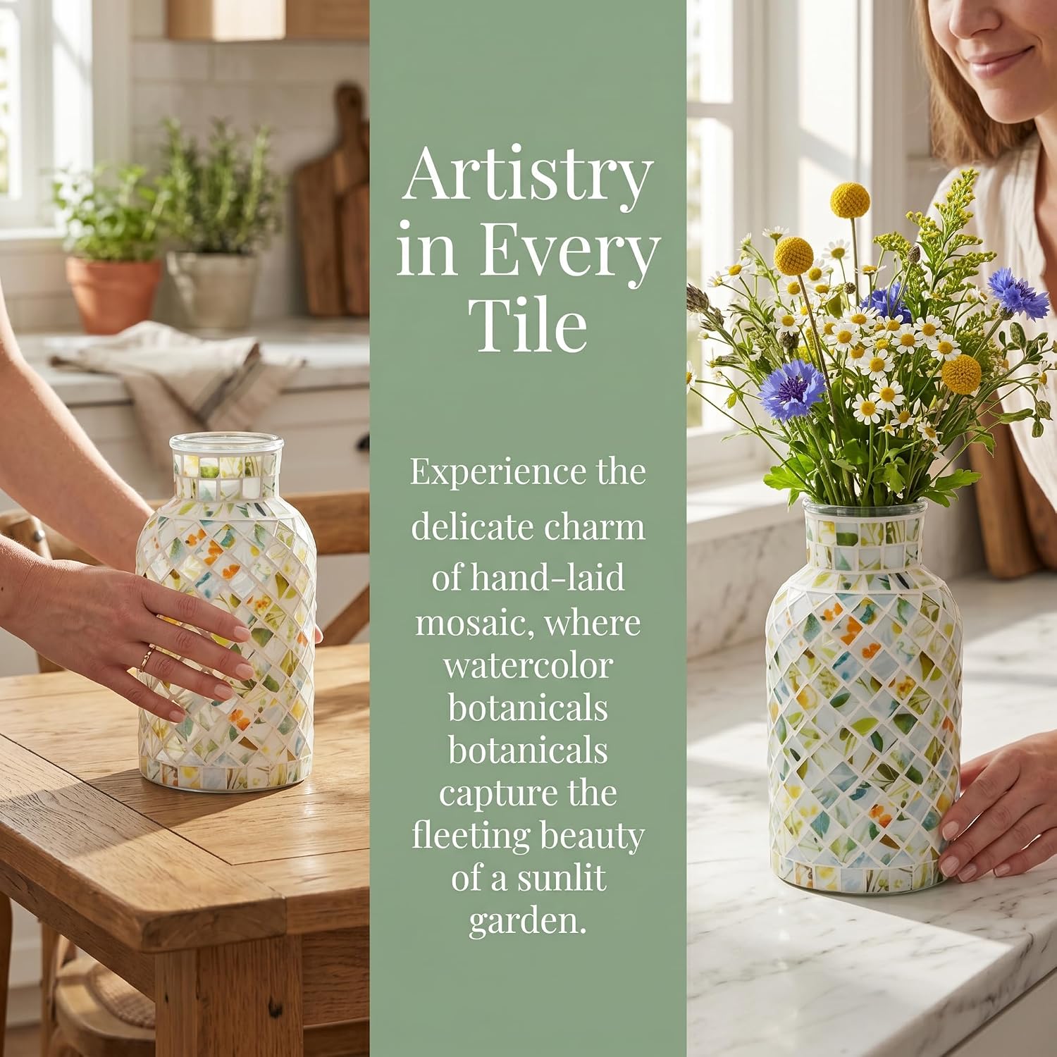 Handmade Mosaic Glass Green Vase, 7.9" Tempered Glass Floral Vase with 45° Diagonal Tile Art, Decorative Bud Vase for Fresh & Dried Flowers, Unique Home Decor Gift for Mom, Wife