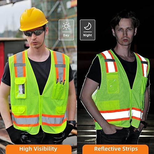 Miniatura 5 de Chaleco reflectante de alta visibilidad, chaleco de trabajo para hombres y mujeres, chaleco de construcción con 9 bolsillos y cremallera