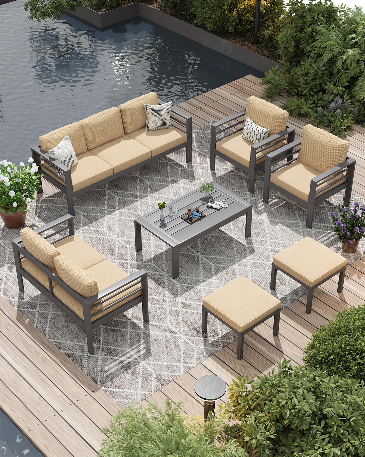 AECOJOY Aluminum Patio Furniture Set, 9 Seats Modern Outdoor Furniture with Coffee Table, 7 Pieces Metal Conversation Sectional Sofa, Beige