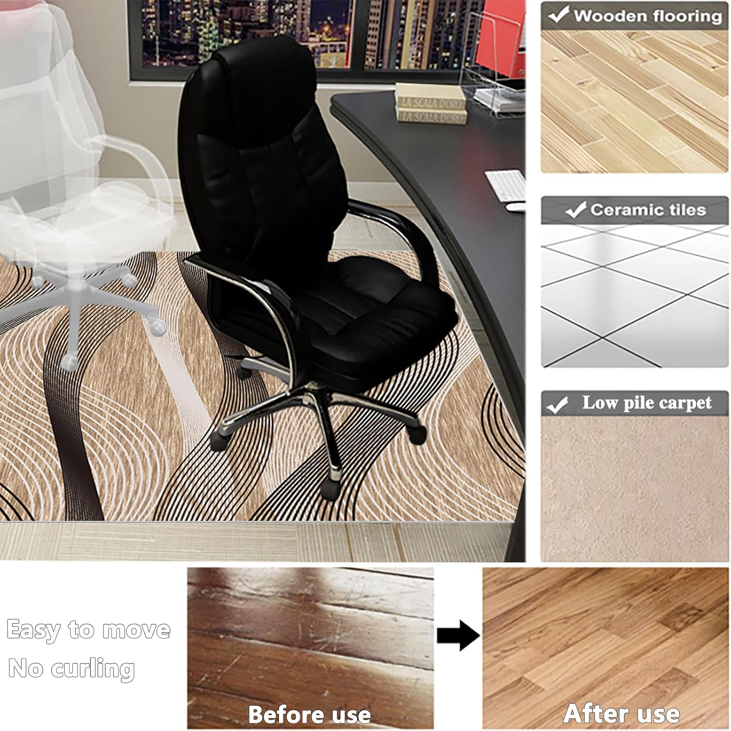 120 x 160 cm Office Chair Mat for Hardwood and Carpet Floors Multi Purpose Gaming Chair Mat Home and Office Carpet Protector Anti Skid Noise Reduction Floor Protection (Black034 160 x 200 cm)