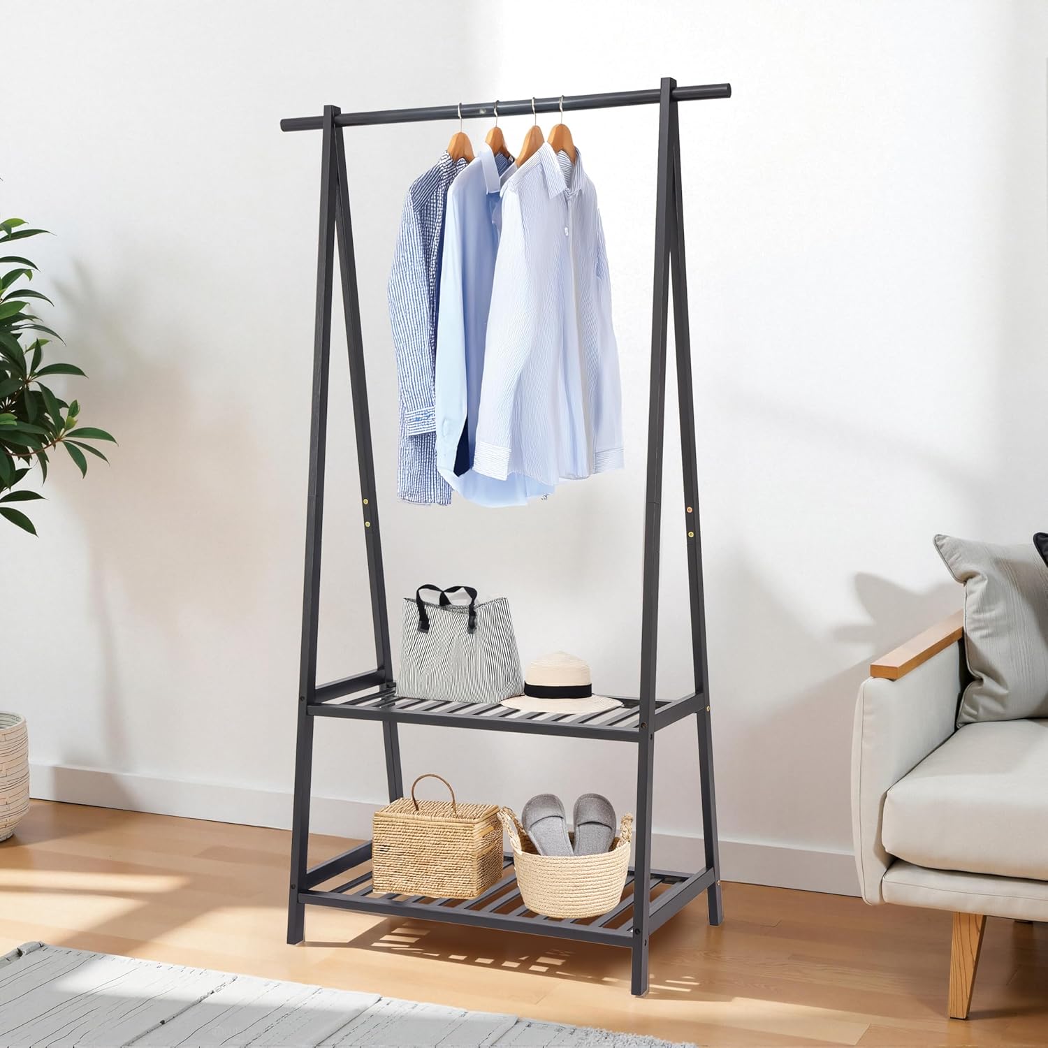 Finnhomy Bamboo Clothes Rack Portable Extra Large Garment Rack 2-Tire Storage Box Shelves For Entryway and Bed Room Patented Design (Black)