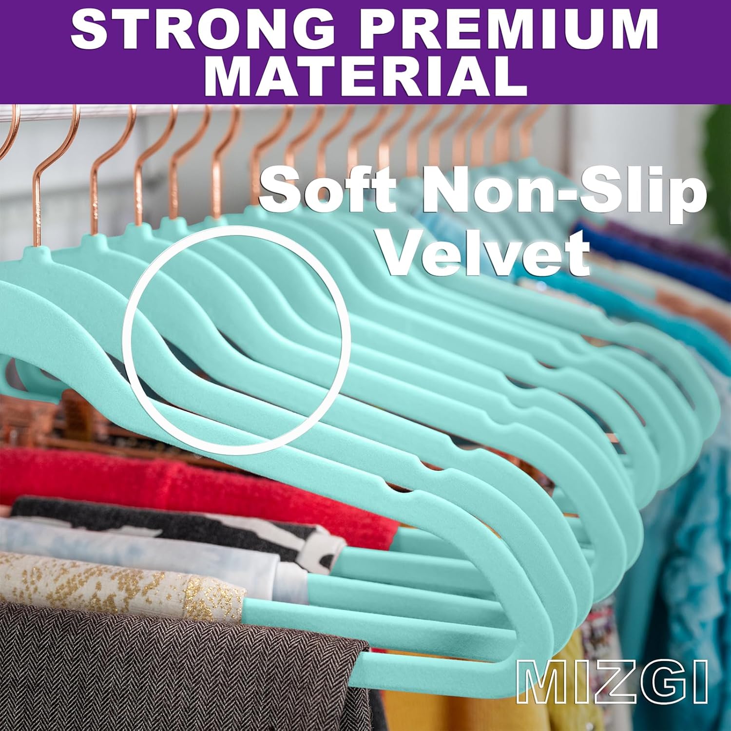 MIZGI Premium Velvet Hangers - Heavy Duty Non Slip Felt Hangers (50 Pack) - Aqua Blue & Rose Gold Hooks, Space Saving & Durable for Suits & Coats - Image 2