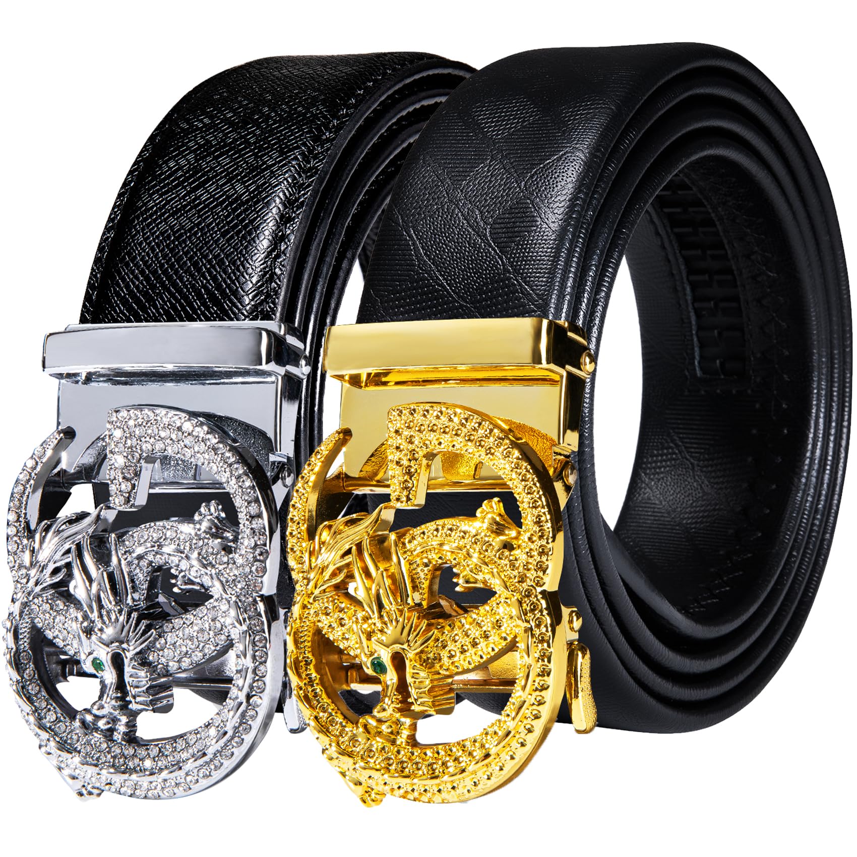 Barry.Wang Men's 2-Pack Ratchet Belts - Genuine Leather, Adjustable Slide Buckle (Gold Tiger/Bull), Trim To Fit Up To 130cm - View #8
