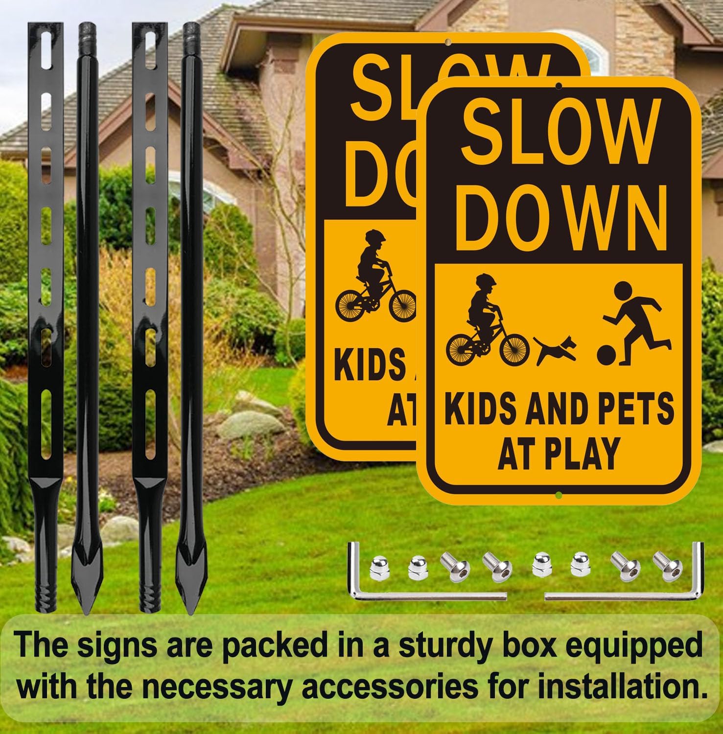 Slow Down Kids at Play Safety Signs, Yellow and Black, Reflective Aluminum, 14x10 Inches, 2 Pack with 36-Inch Metal Stakes