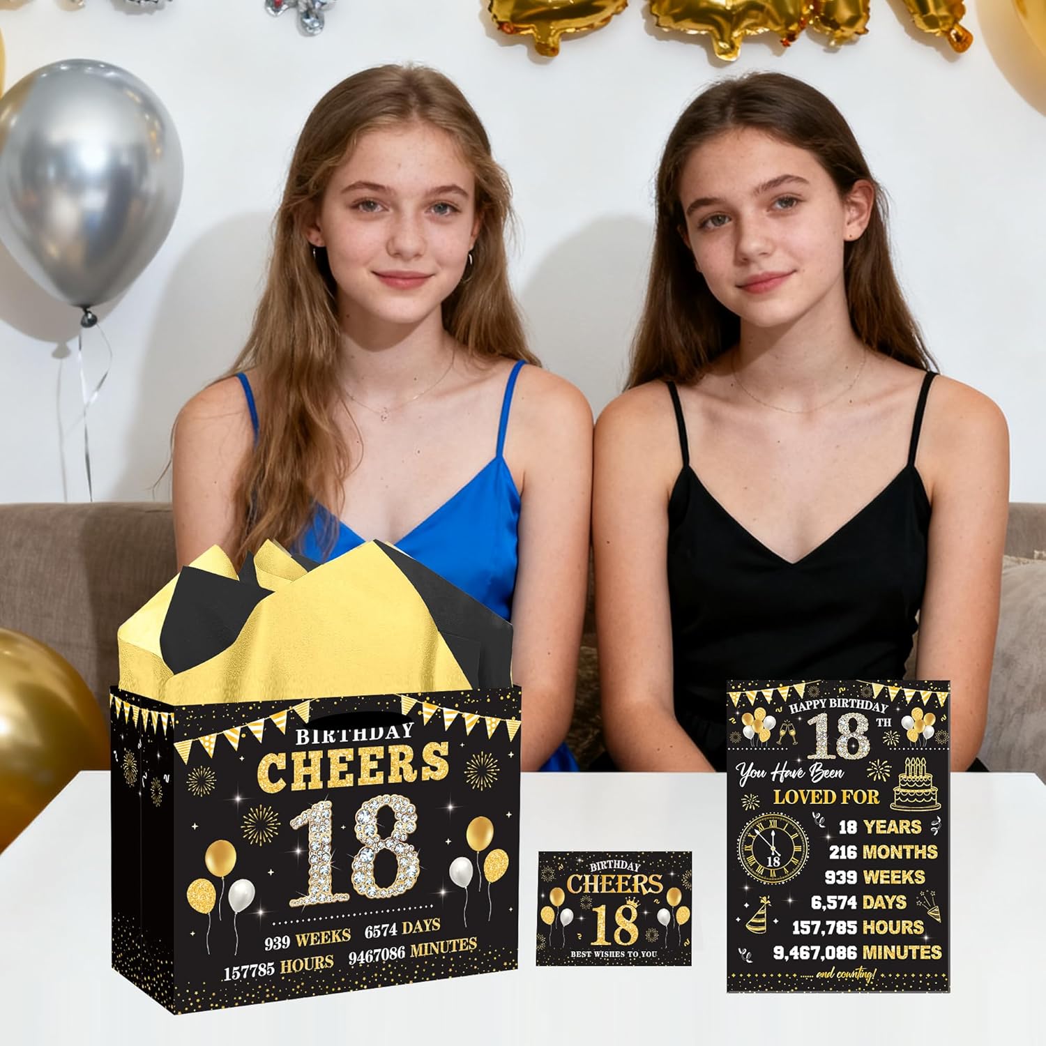 EoBeCy 18th Birthday Gift Bags for Boys Girls, Vintage Back in 2008 Gift Bag with Tissue Paper, Poster and Greeting Card, Black Gold Wrapping Paper for 18 Year Old Birthday Party Favors Supplies - Image 9