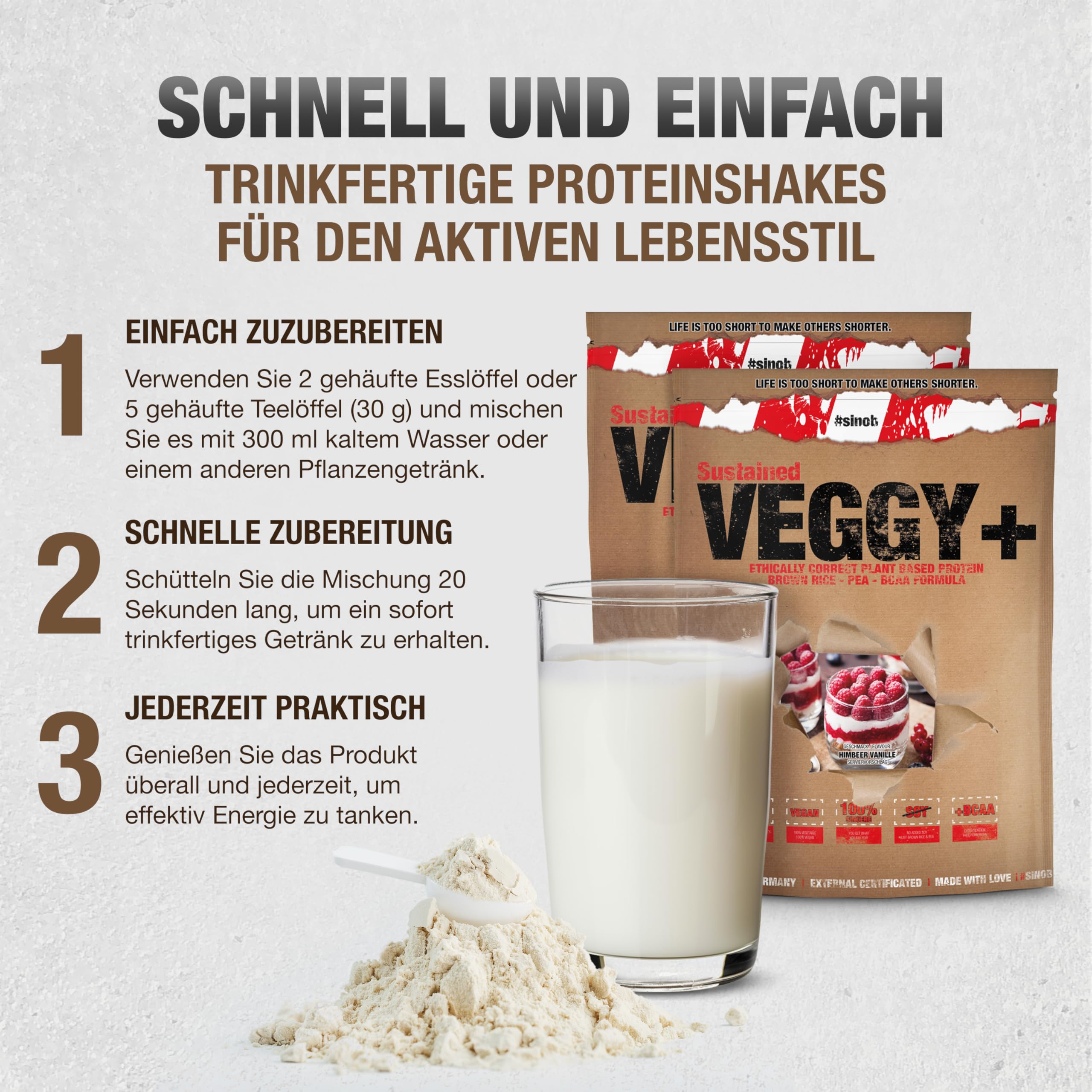 Veggy+ Veganes Proteinpulver (Vanille Himbeere) aus Reis- und Erbsenprotein Pulver mit vegan BCAAs 1 x 900 g Protein Pulver für Veganer. Mehrkomponenten Protein Pulver 70 prozent Eiweiss