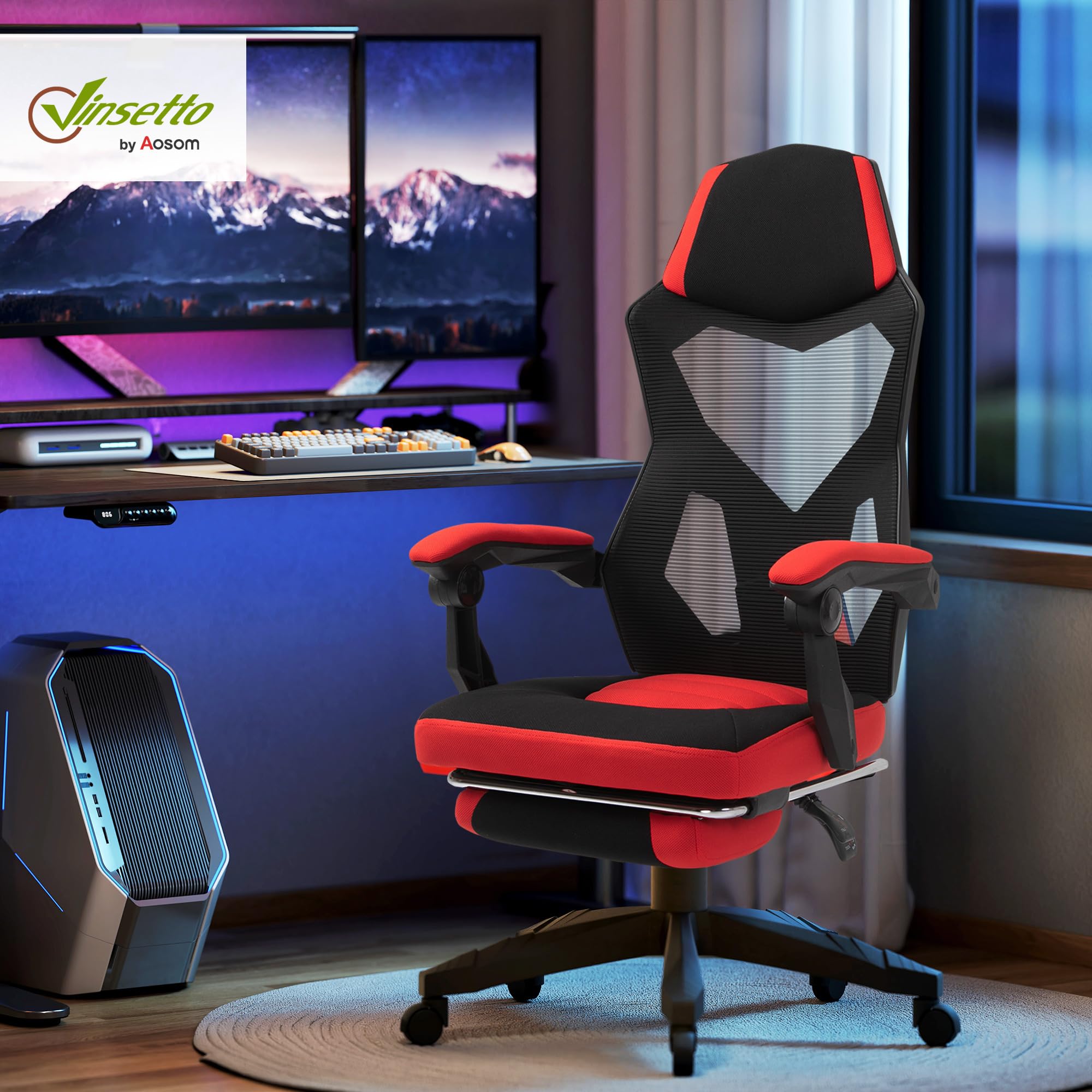 Vinsetto Silla Gaming Giratoria de Malla con Reposapiés Retráctil Rojo